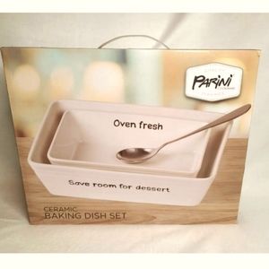 PARINI White Ceramic 3 Piece Baking Dish Set w/ Serving Spoon